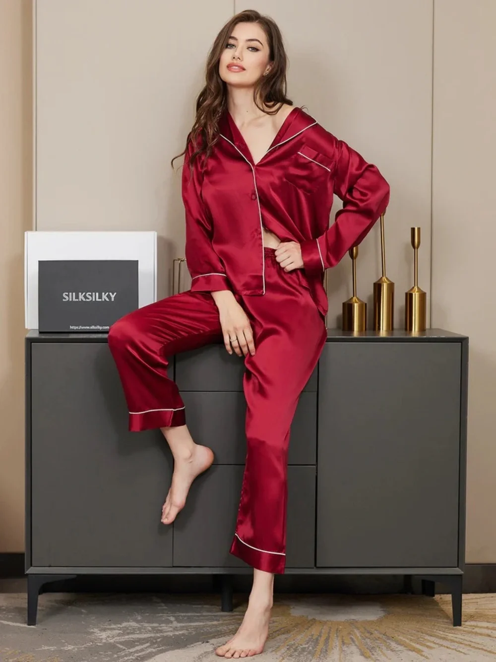Silksilky 100% Mulberry Silk Long Sleeve Button Up Pajamas Set Dark Red